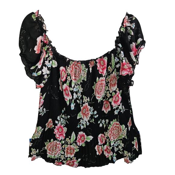 Rene Margo M Ruffle Trim Flounce Blouse Black Rib Floral Rosette Dark Fairycore - Picture 4 of 5